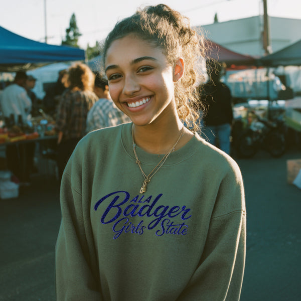 Badger Girls State Sage Sweatshirt – Navy Sparkle Puff Lettering